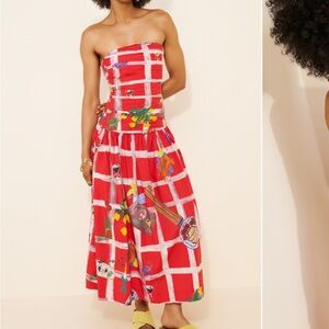 Strapless Red Patterned Midi Dress